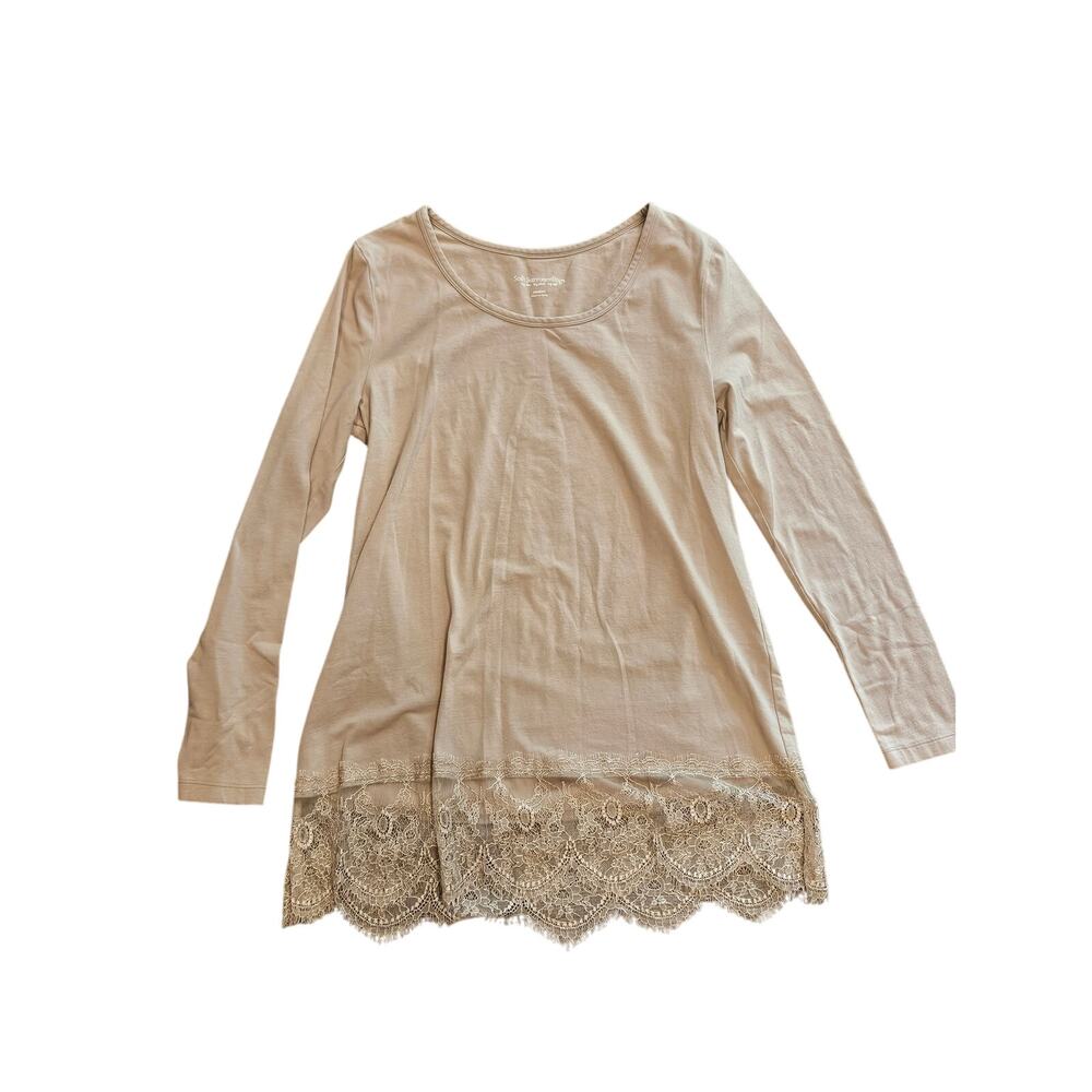Soft surroundings beige lace trim long sleeve fitted tunic shirt womens medium
